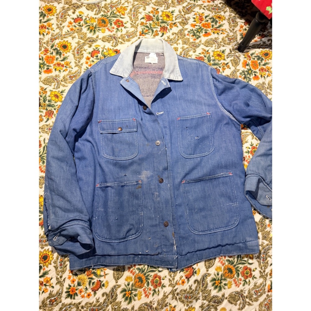 Vintage THRASHED Sears Roebuck Denim Chore Coat Blanket Lined Blue Workwear